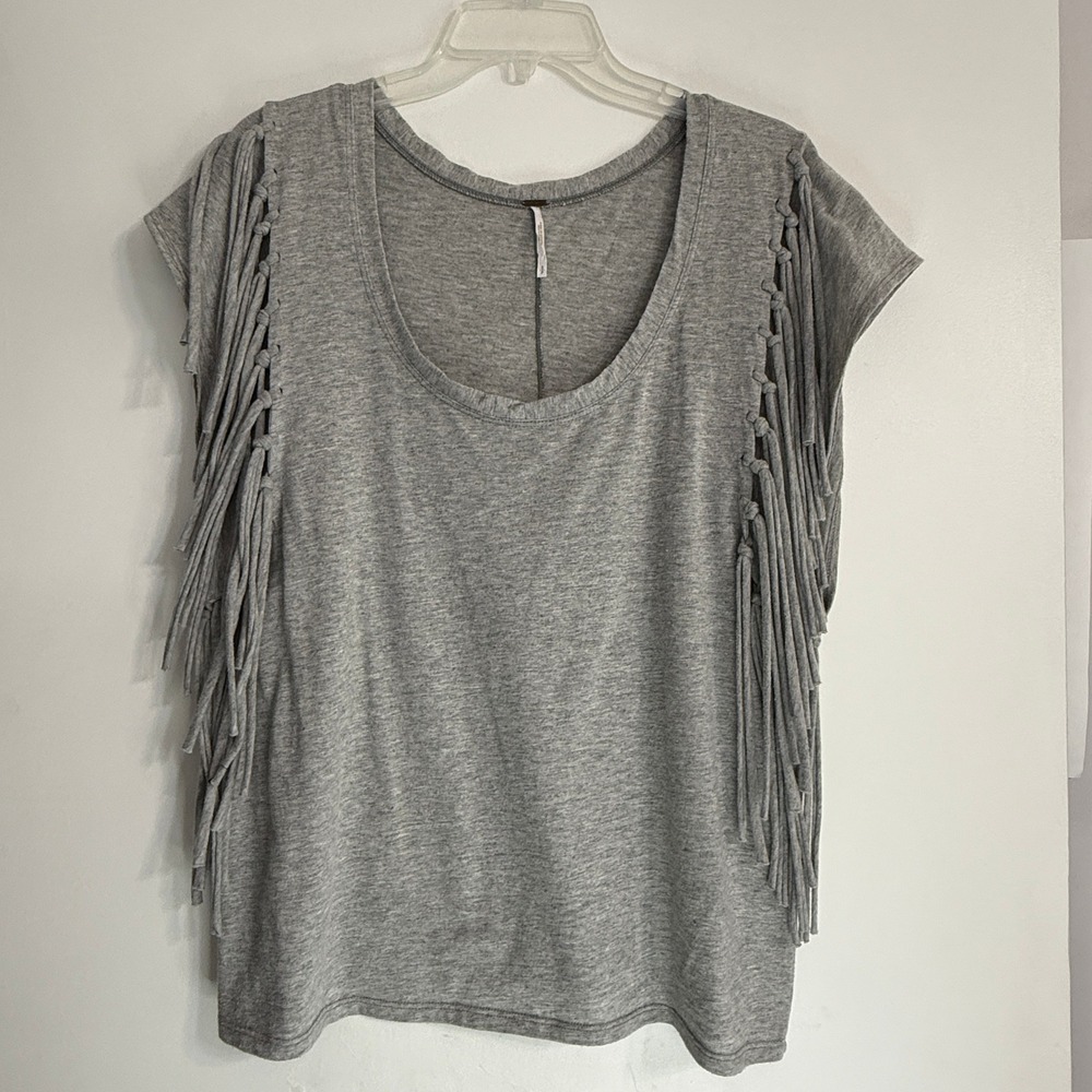 Free People Women's Gray Fantasy Fringe Tee‎ Size S Oversized Boho Indie Hippie